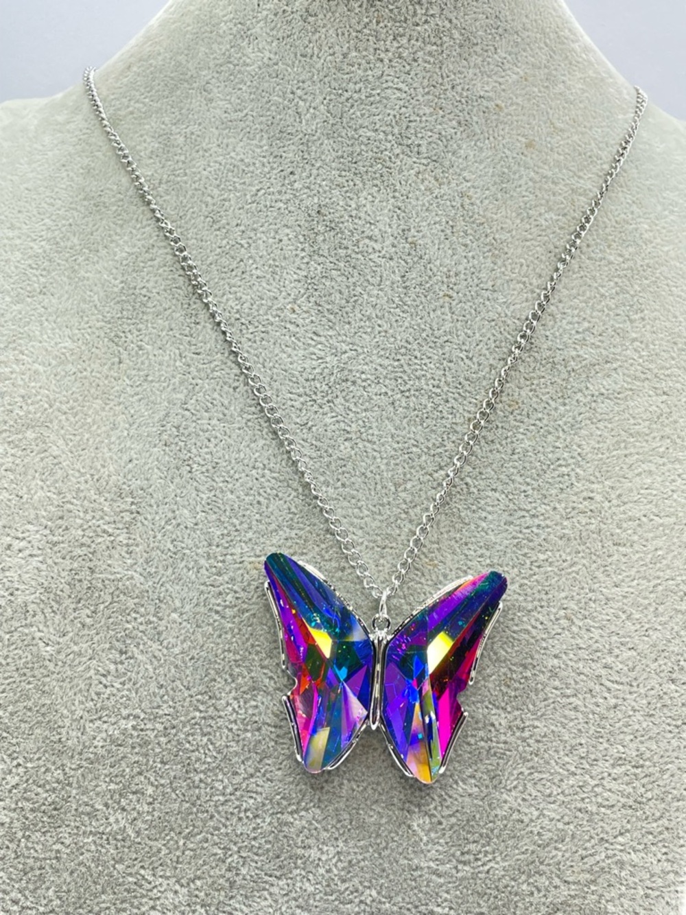 Butterfly AB Crystal Necklace Silver Tone Iridescent Statement Pendant